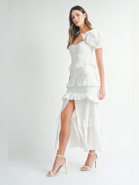 MABLE white button ruffle tiered maxi dress with slit in front puffed sleeves
